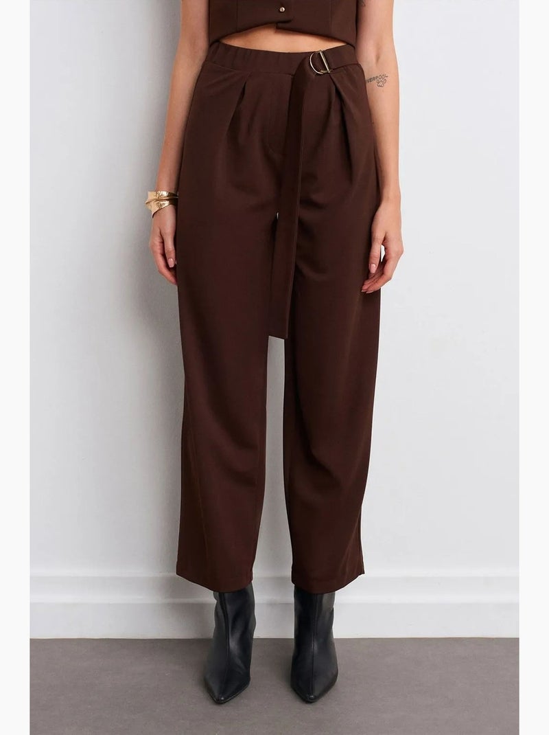Pantalón de crepé de tiro alto y pernera ancha dilvin Marrón chocolate - Kiabi