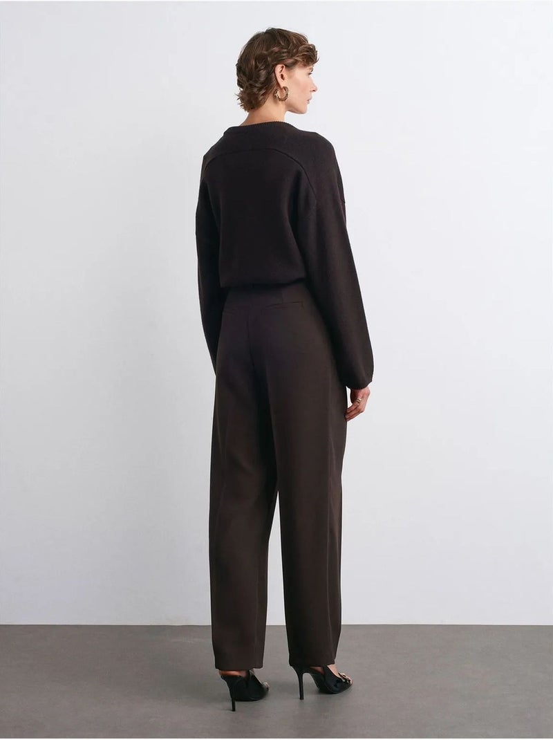 Pantalón de crepé de tiro alto y pernera ancha Marrón chocolate - Kiabi