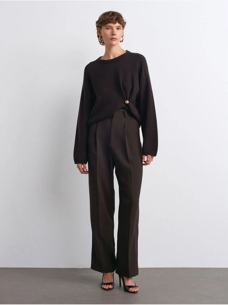 Pantalón de crepé de tiro alto y pernera ancha Marrón chocolate - Kiabi