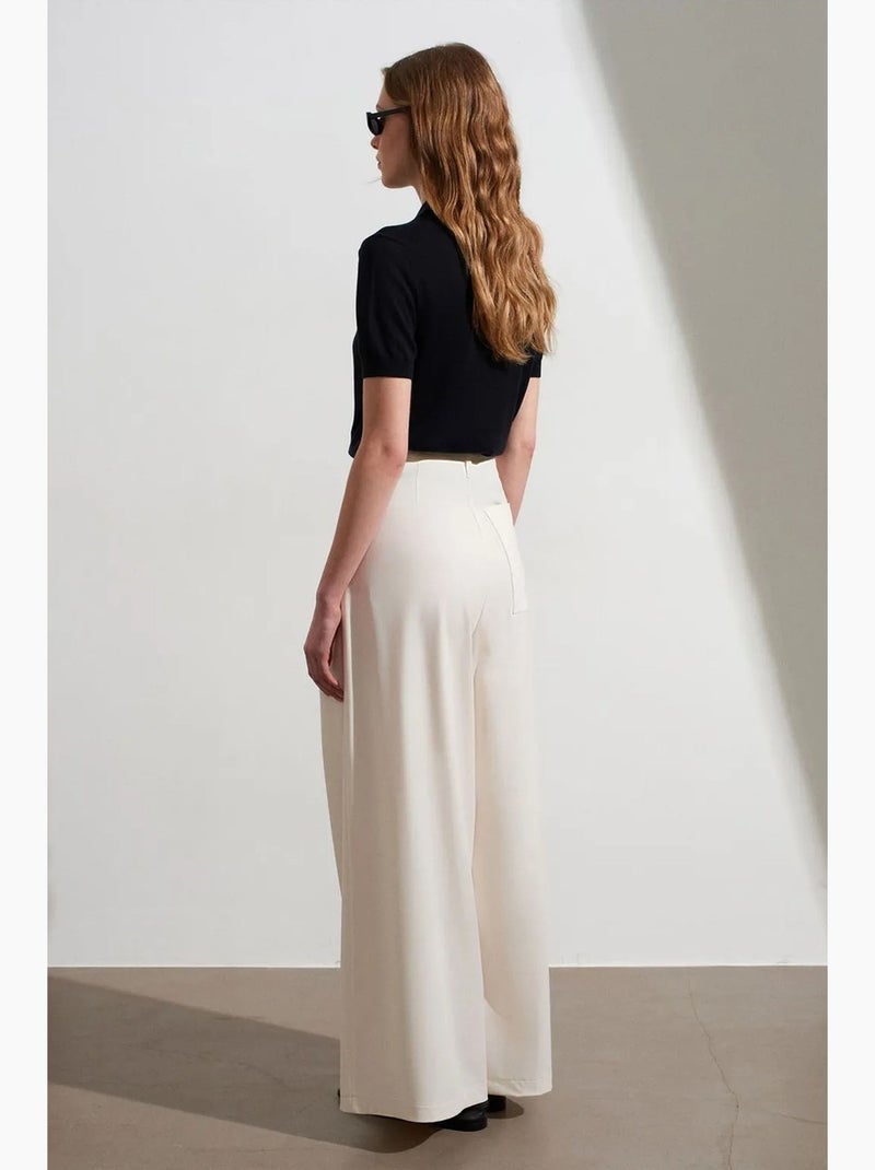 Pantalón de crepé de tiro alto y pernera ancha para mujer dilvin Crema - Kiabi
