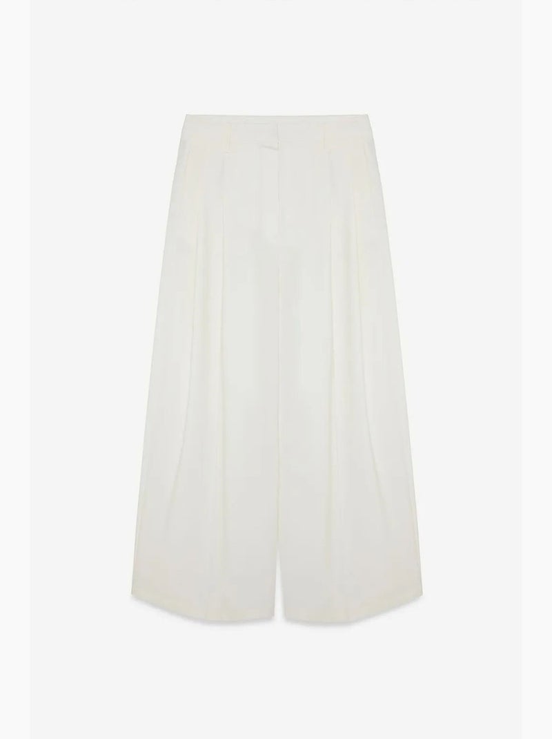 Pantalón de crepé de tiro alto y pernera ancha para mujer dilvin Crema - Kiabi