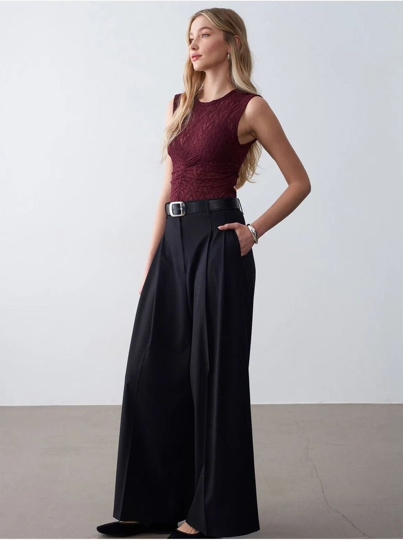 Pantalón de crepé de tiro alto y pernera ancha para mujer dilvin Negro - Kiabi