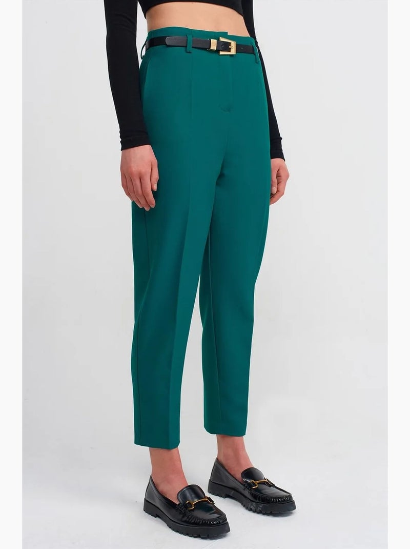 Pantalón de crepé de tiro alto y pernera recta con cinturón dilvin Verde esmeralda - Kiabi