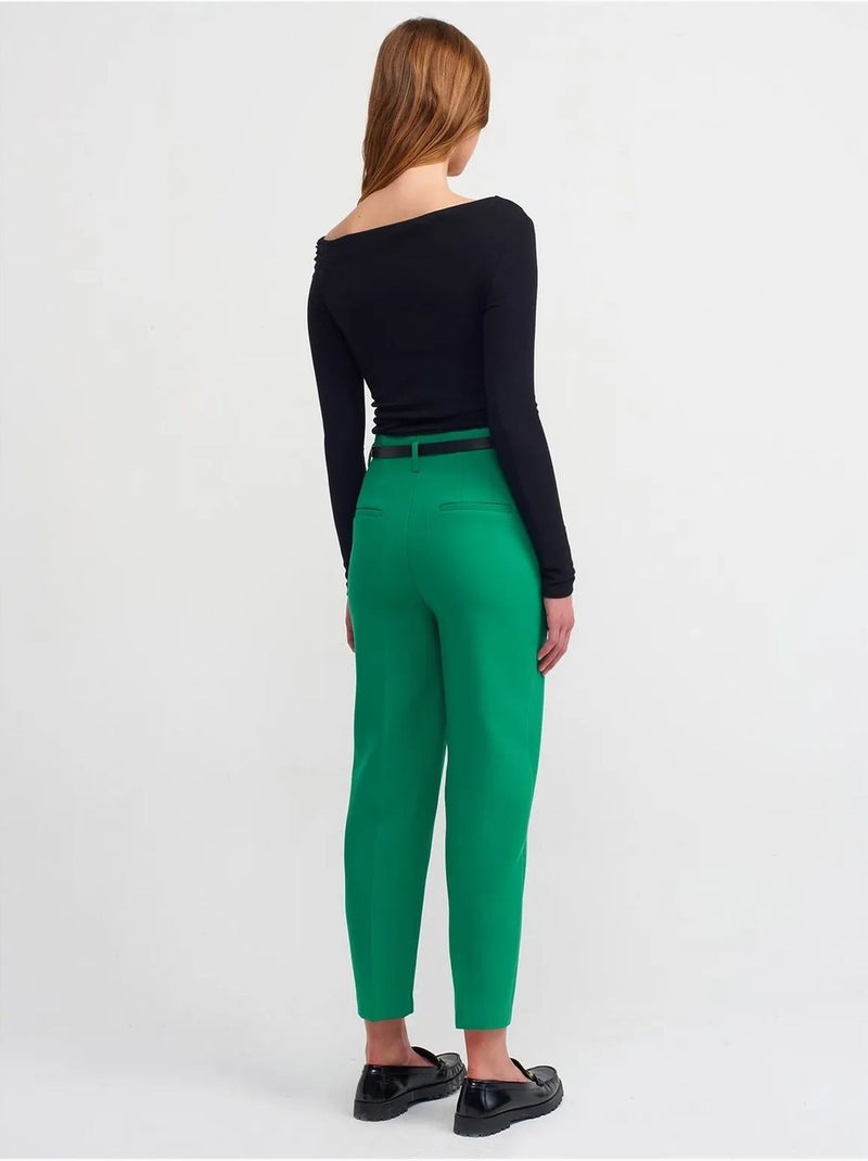 Pantalón de crepé de tiro alto y pernera recta con cinturón Verde - Kiabi