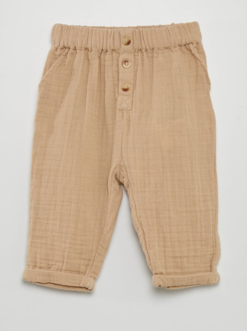 Pantalón de doble gasa de algodón BEIGE - Kiabi