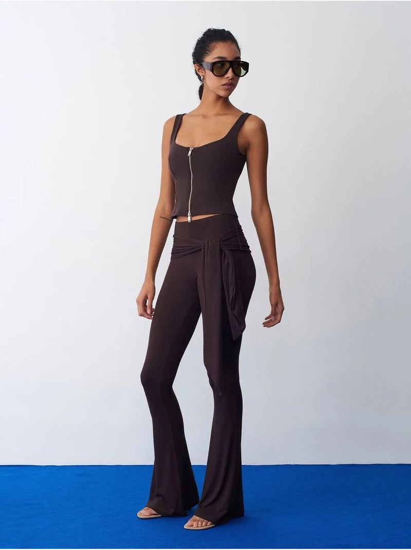 Pantalón de jersey acampanado de tiro alto con detalle de lazada dilvin Marrón oscuro - Kiabi