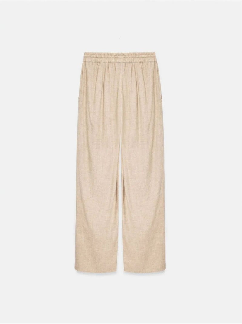Pantalón de mujer de tejido con pernera ancha y cintura con cordón Beige - Kiabi