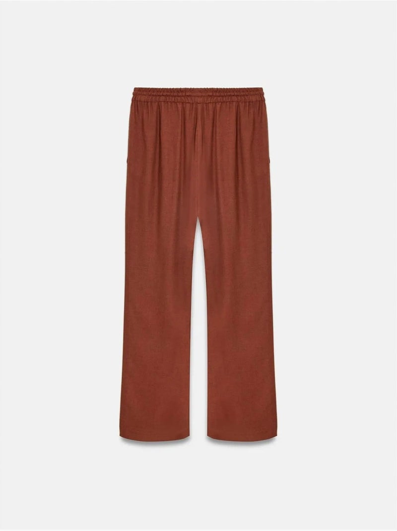 Pantalón de mujer de tejido con pernera ancha y cintura con cordón Terracota - Kiabi