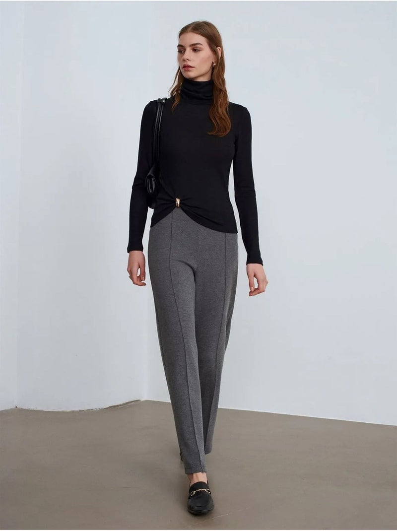 Pantalón de mujer de tejido con pernera ancha y cintura de tiro medio Gris antracita - Kiabi