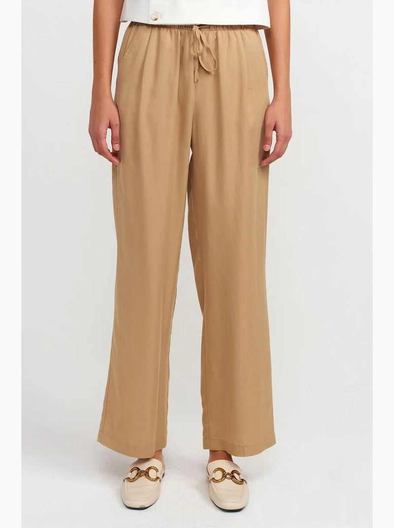 Pantalón de mujer de tencel de pernera ancha con cintura con cordón dilvin Camel - Kiabi