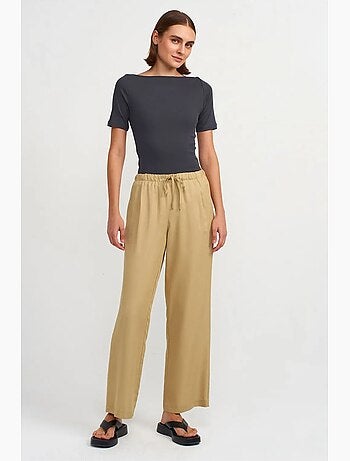 Pantalón de mujer de tencel de pernera ancha con cintura con cordón dilvin