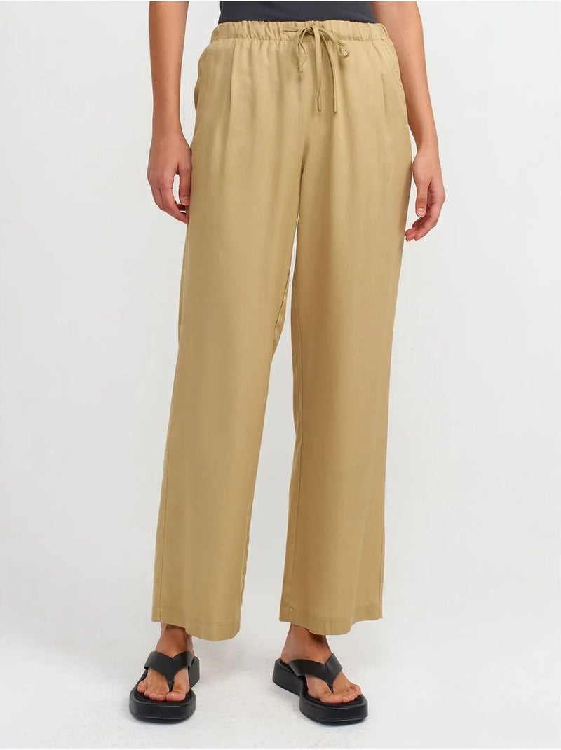 Pantalón de mujer de tencel de pernera ancha con cintura con cordón dilvin Caqui - Kiabi