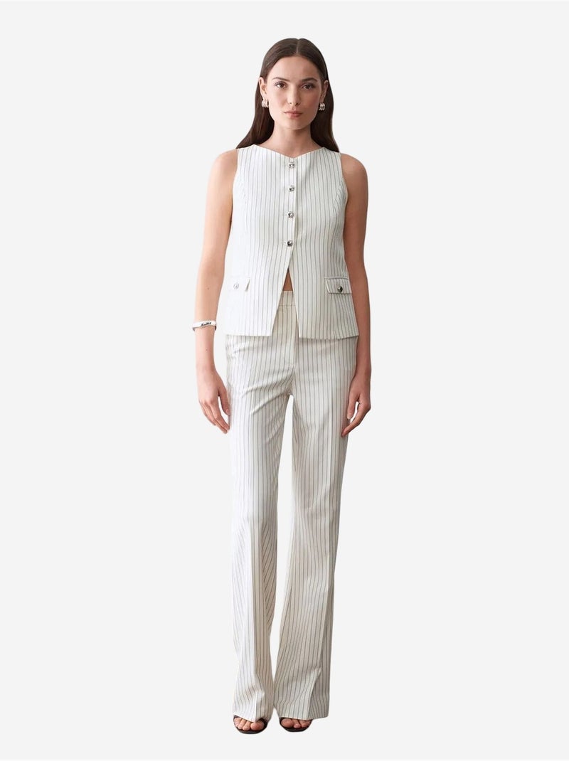 Pantalón de mujer de tiro medio, pernera ancha y rayas dilvin Blanco roto - Kiabi