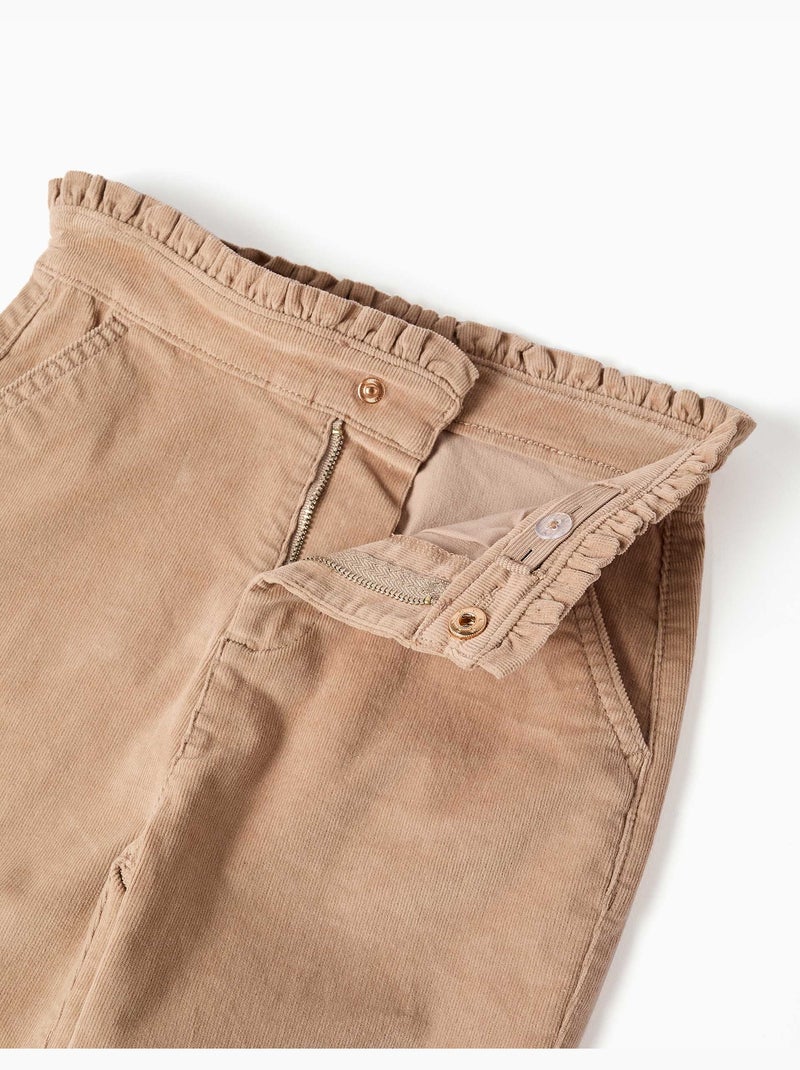 Pantalón de pana con cintura paperbag con volantes Beige claro - Kiabi