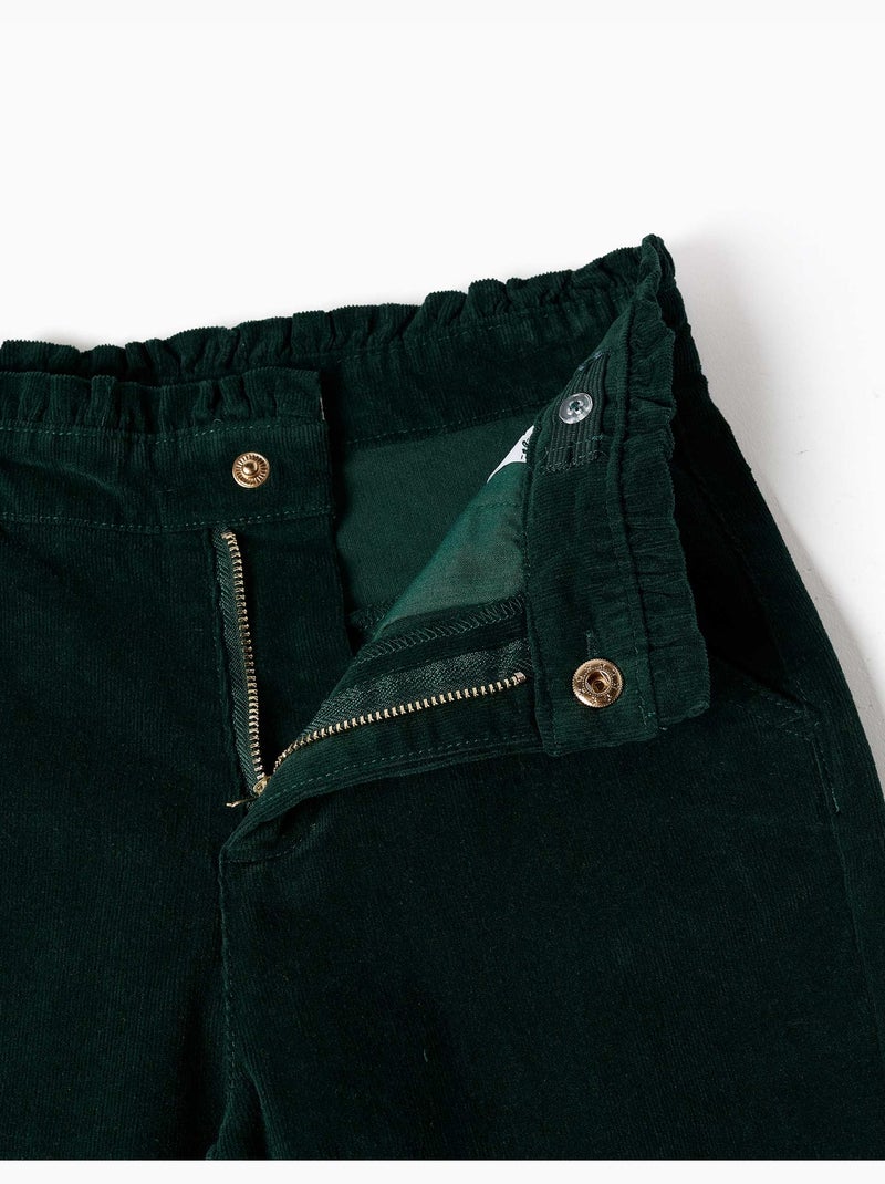 Pantalón de pana con cintura paperbag con volantes Verde oscuro - Kiabi
