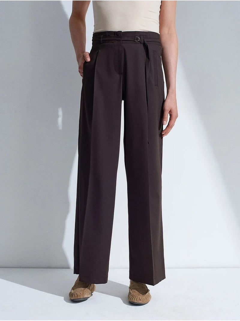 Pantalón de pernera ancha con cinturón dilvin Marrón chocolate - Kiabi