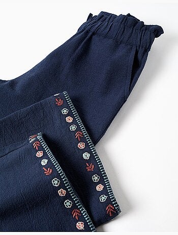Pantalón de pierna ancha de algodón con flores bordadas