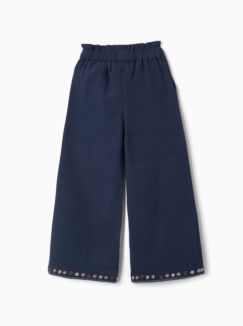Pantalón de pierna ancha de algodón con flores bordadas Azul oscuro - Kiabi