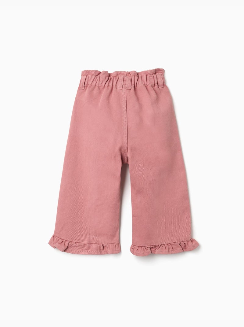 Pantalón de pierna ancha de sarga con volantes Rosa - Kiabi