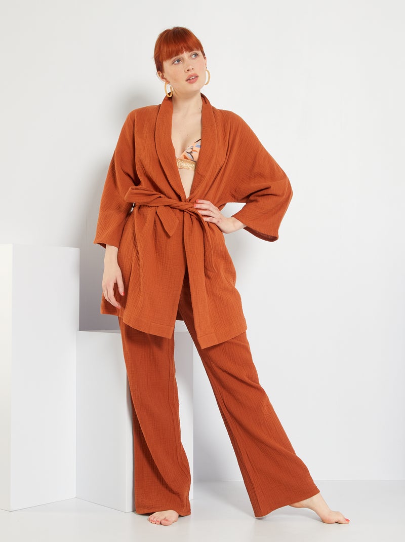 Pantalón de pijama de gasa de algodón MARRON - Kiabi