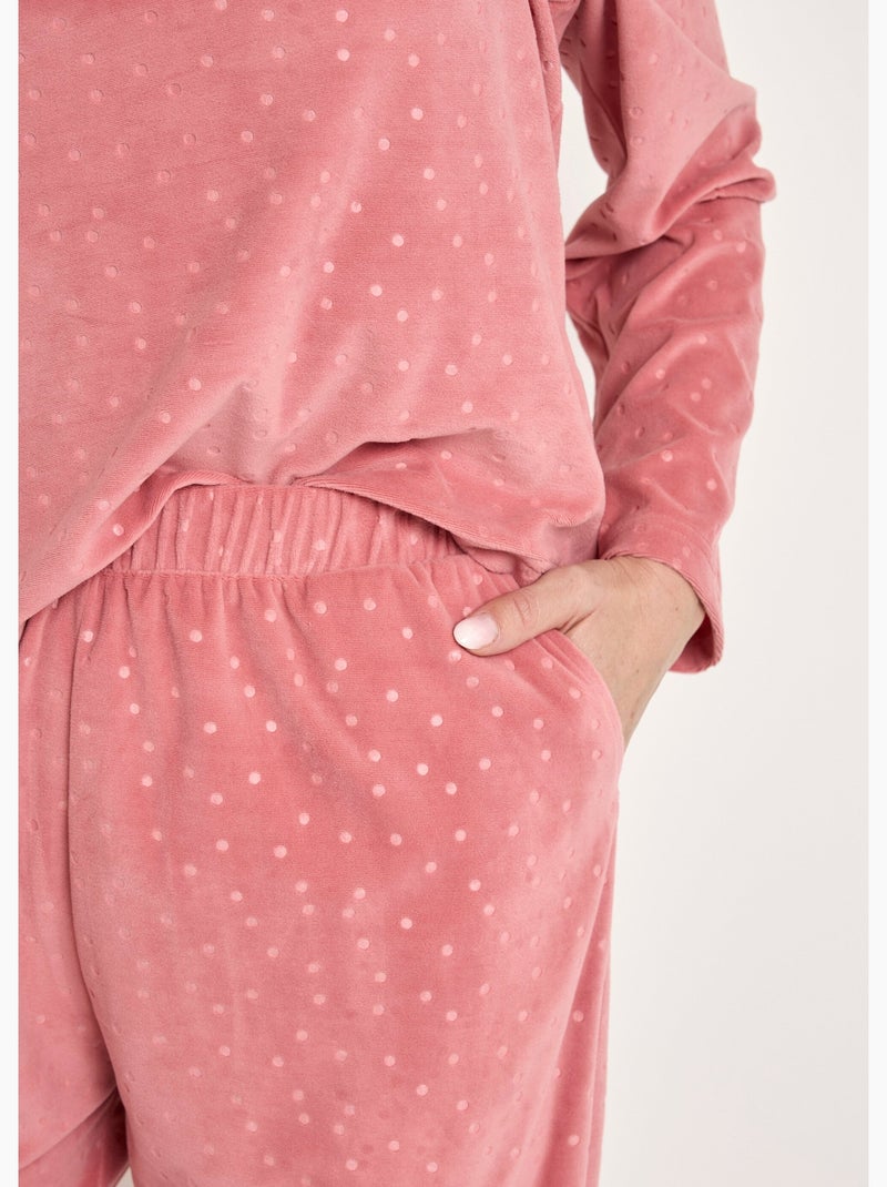 Pantalón de pijama de terciopelo con cuello redondo y lunares en relieve - Afibel Rosa - Kiabi