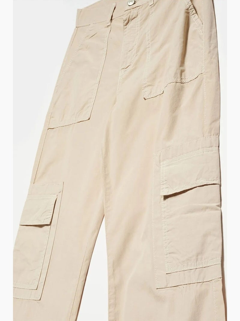 Pantalón de popelina de algodón de tiro alto y pernera recta dilvin Beige arcilla - Kiabi