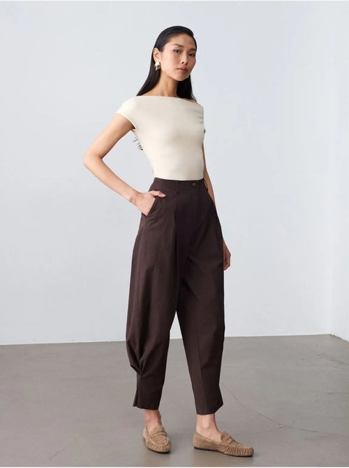 Pantalón de popelina de tiro alto y pernera ancha para mujer dilvin - Kiabi