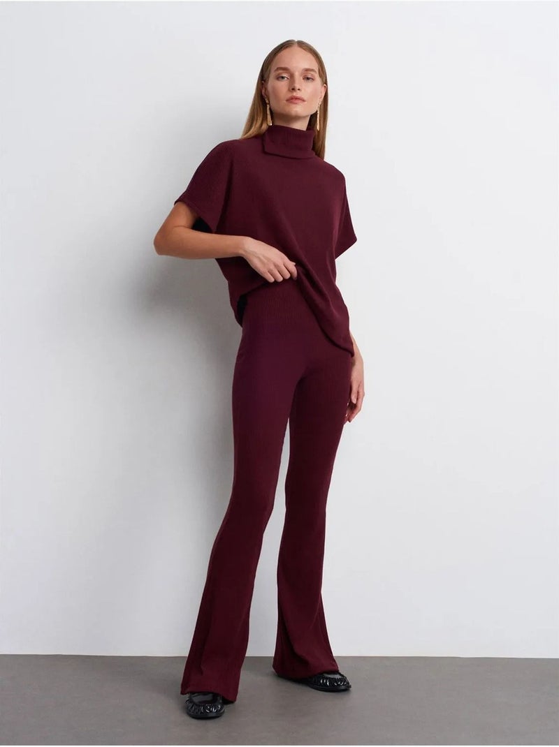 Pantalón de punto acampanado de tiro alto Rojo burdeos - Kiabi