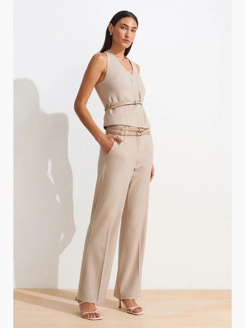 Pantalón de raya diplomática de pernera recta con cinturón dilvin Beige claro - Kiabi