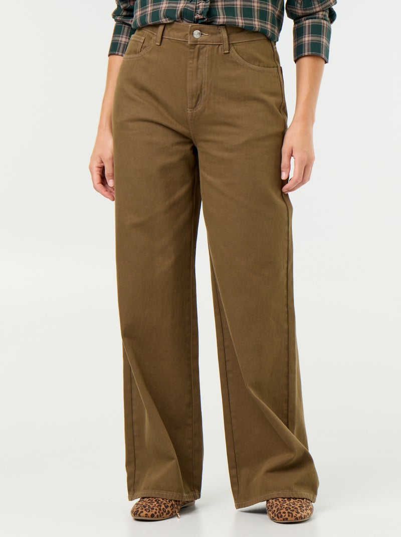 Pantalón de sarga de talle alto corte wide leg Kaki - Kiabi