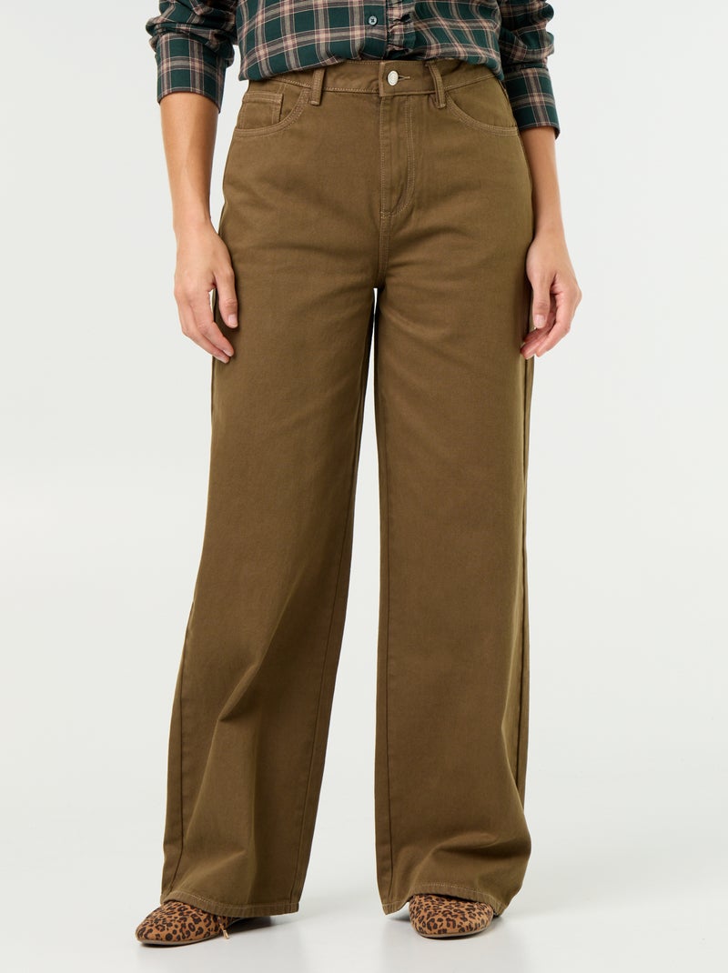 Pantalón de sarga de talle alto corte wide leg Kaki - Kiabi