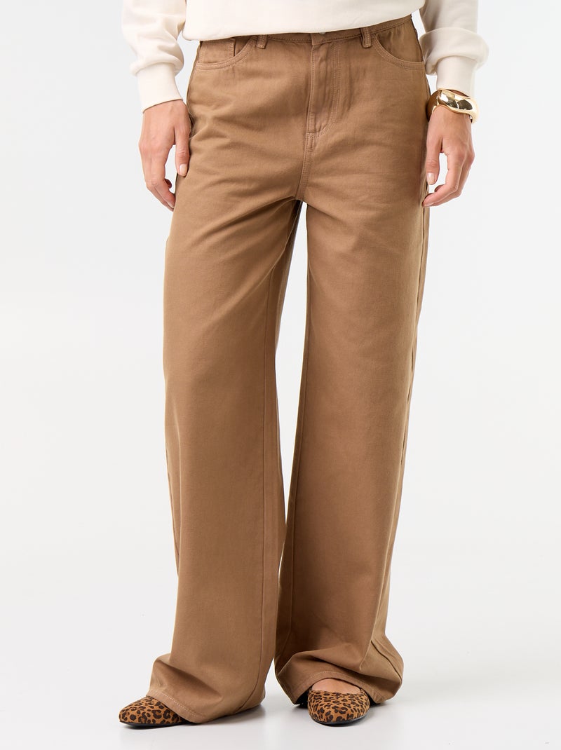 Pantalón de sarga de talle alto corte wide leg Marron - Kiabi