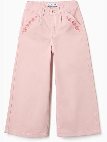 Pantalón de sarga wide leg con flores bordadas