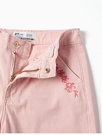 Pantalón de sarga wide leg con flores bordadas