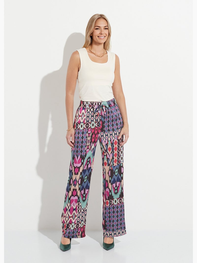 Pantalón de satén estampado con cintura elástica ancha - Afibel Multicolor - Kiabi