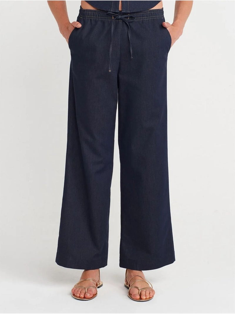 Pantalón de tejido con pernera ancha y cintura con cordón dilvin Azul marino - Kiabi