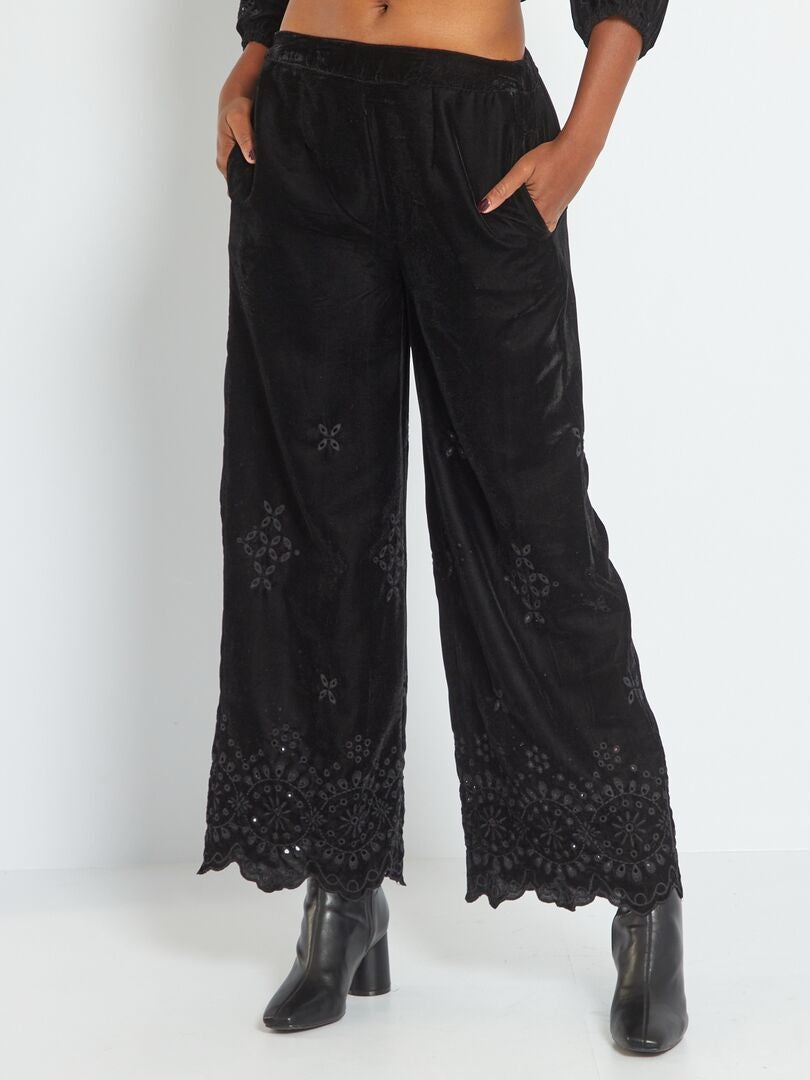 Pantalón de terciopelo vaporoso con bajo bordado Negro - Kiabi