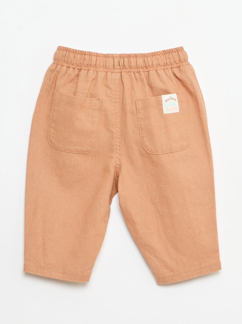 Pantalón de tiro alto de algodón y lino Marron - Kiabi