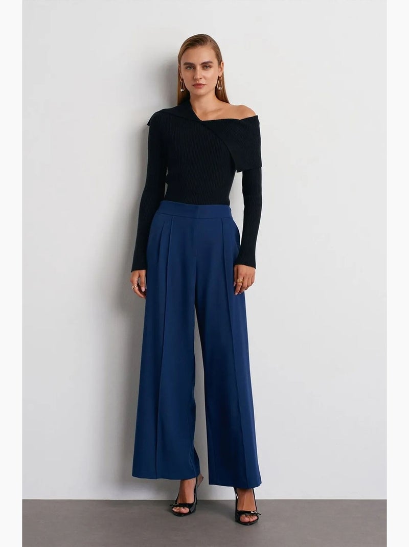 Pantalón de tiro alto, pernera ancha y con pinzas dilvin Azul marino - Kiabi