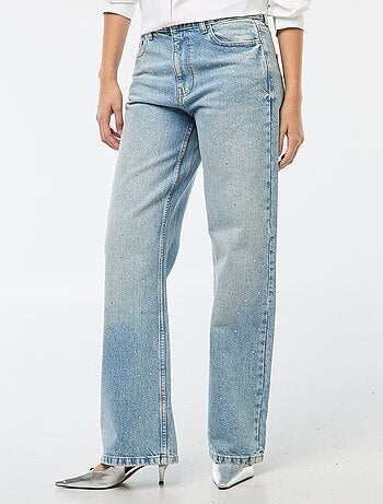 Pantalón denim recto con strass