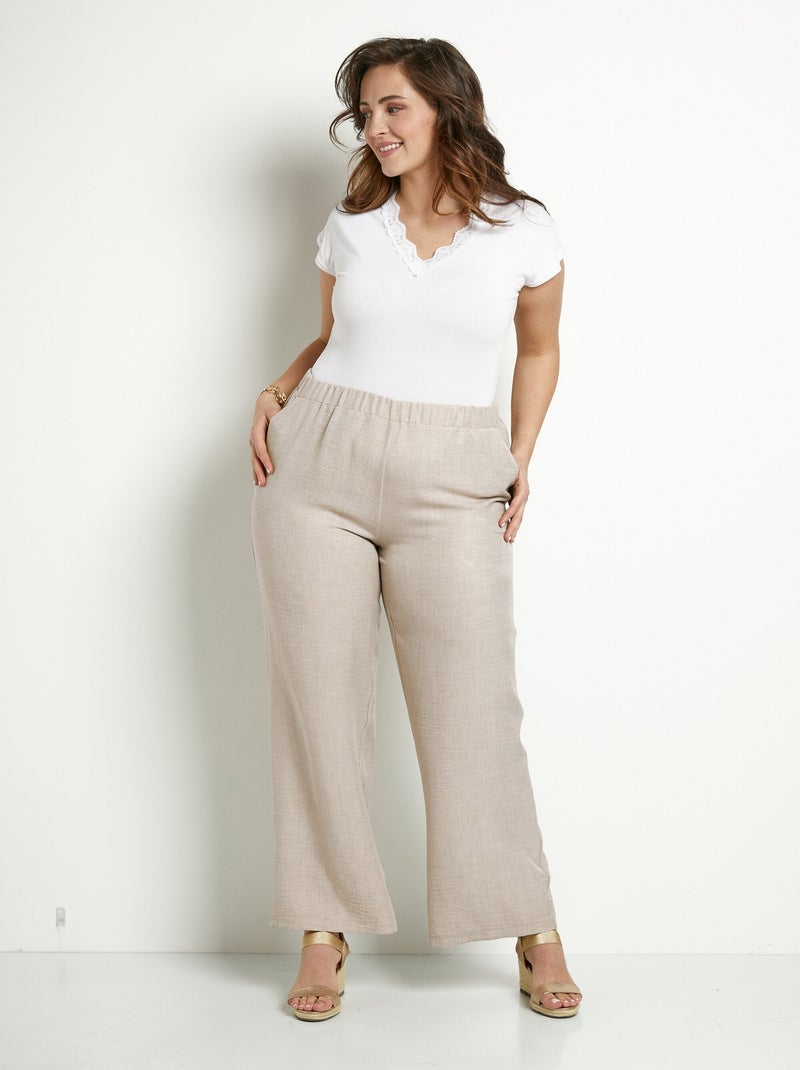 Pantalón efecto lino con cintura elástica ancha - Afibel Beige - Kiabi