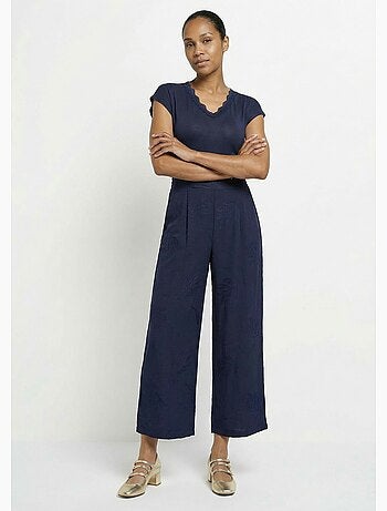 Pantalón elástico de pierna ancha con bordado de hojas - Afibel