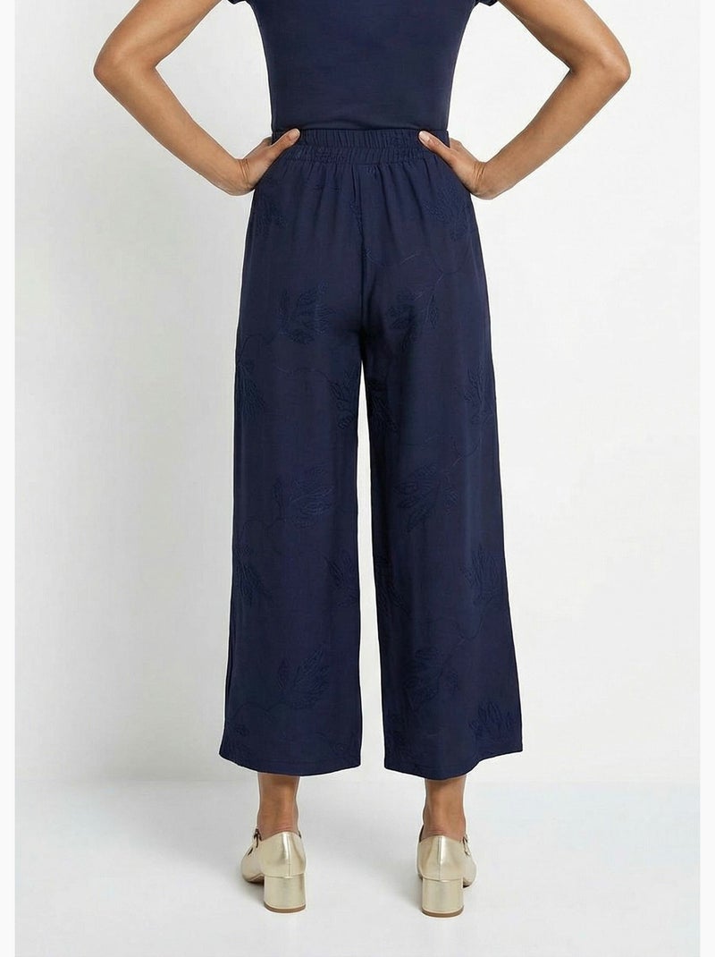 Pantalón elástico de pierna ancha con bordado de hojas - Afibel Azul marino - Kiabi