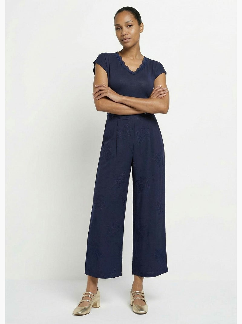 Pantalón elástico de pierna ancha con bordado de hojas - Afibel Azul marino - Kiabi