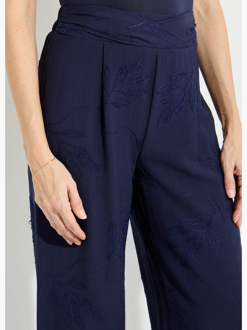 Pantalón elástico de pierna ancha con bordado de hojas - Afibel Azul marino - Kiabi