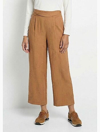 Pantalón elástico de pierna ancha con bordado de hojas - Afibel