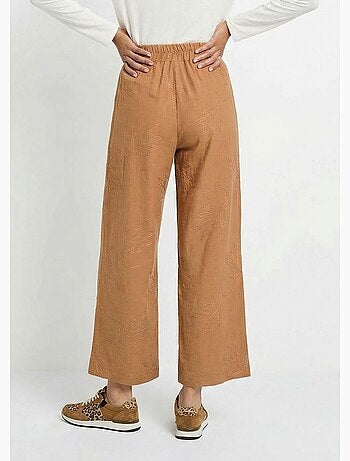 Pantalón elástico de pierna ancha con bordado de hojas - Afibel