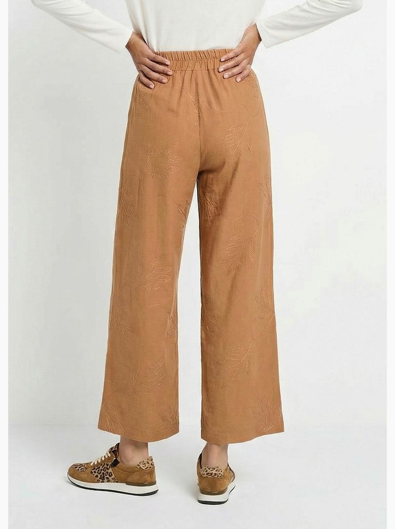 Pantalón elástico de pierna ancha con bordado de hojas - Afibel Camel - Kiabi