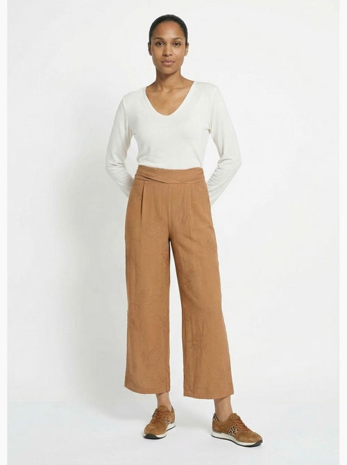 Pantalón elástico de pierna ancha con bordado de hojas - Afibel - Kiabi