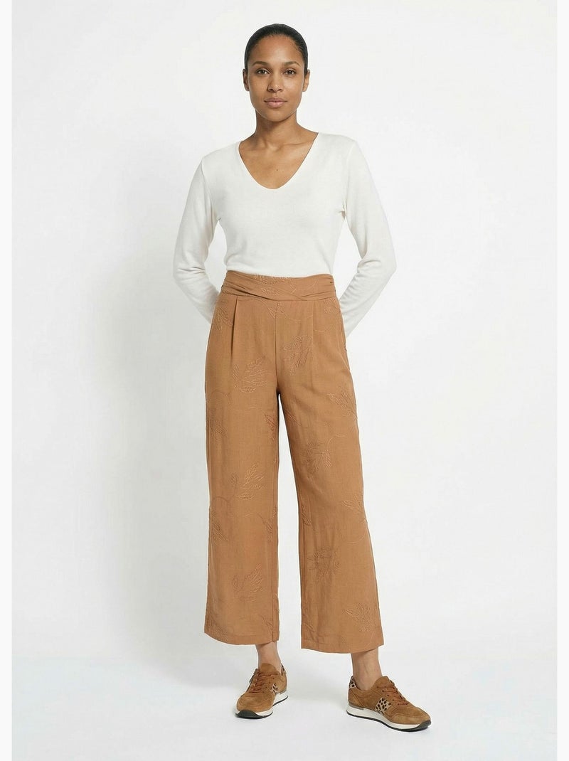 Pantalón elástico de pierna ancha con bordado de hojas - Afibel Camel - Kiabi